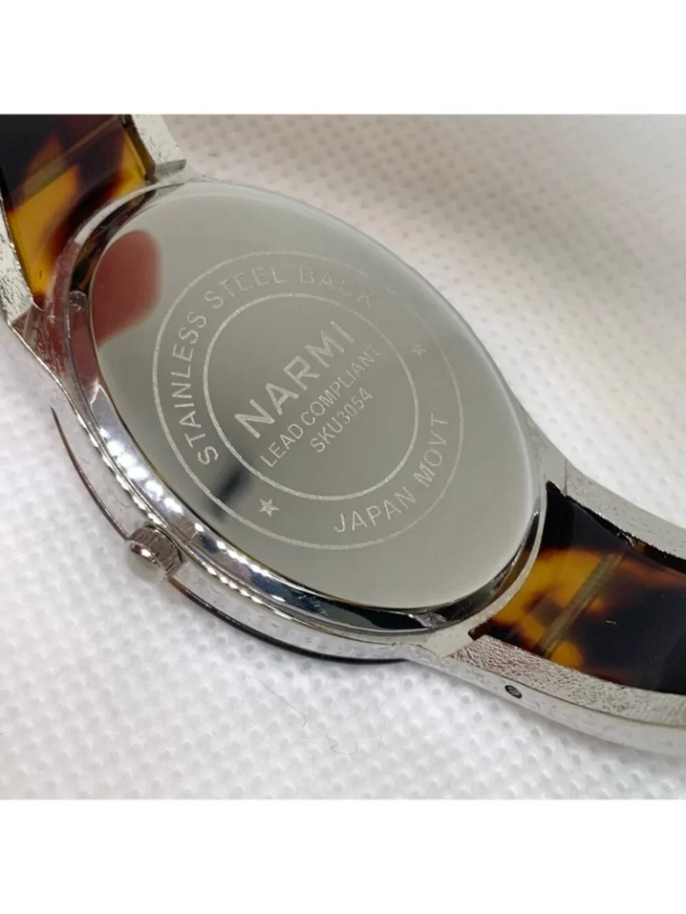 Narmi silver tone Tortoise shell cuff bracelet watch mop dial 28mm 6.5” running